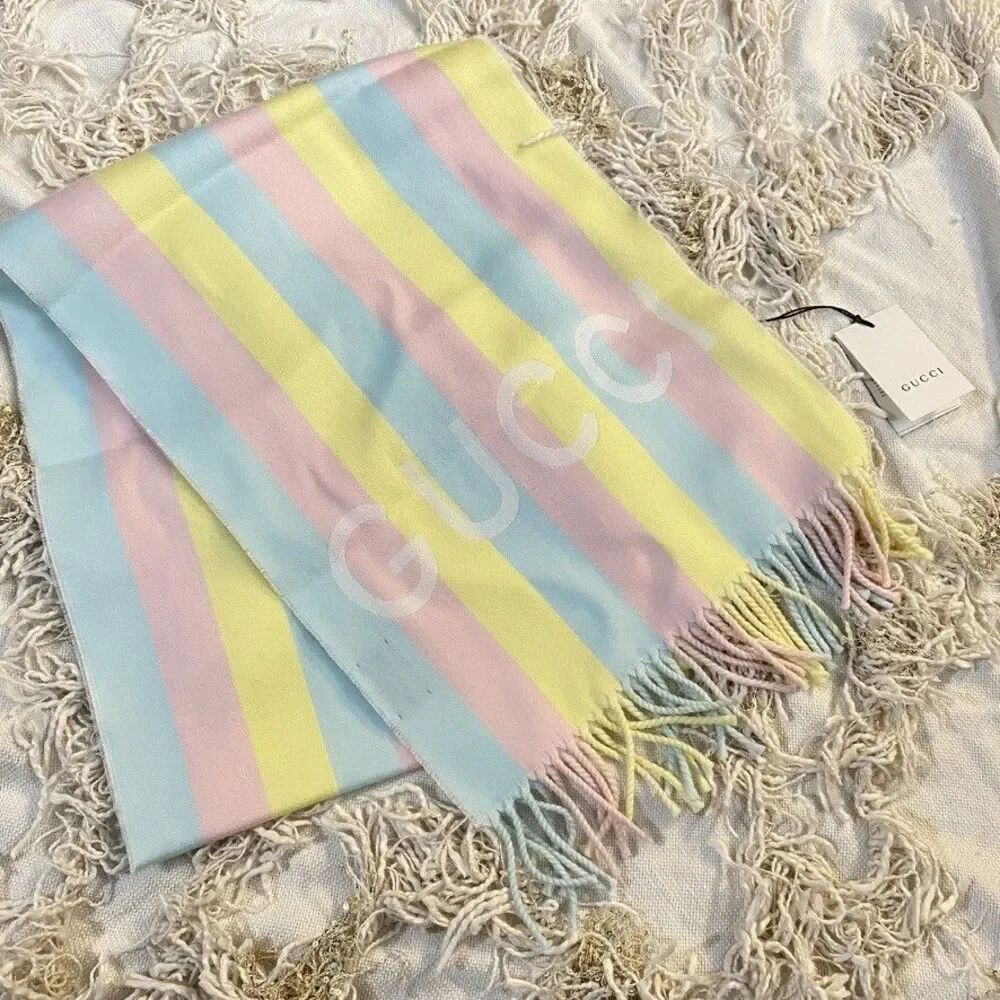 NWT GUCCI Magmadera Pastel Rainbow Stripe Logo Scarf Cotton Embossed Wool